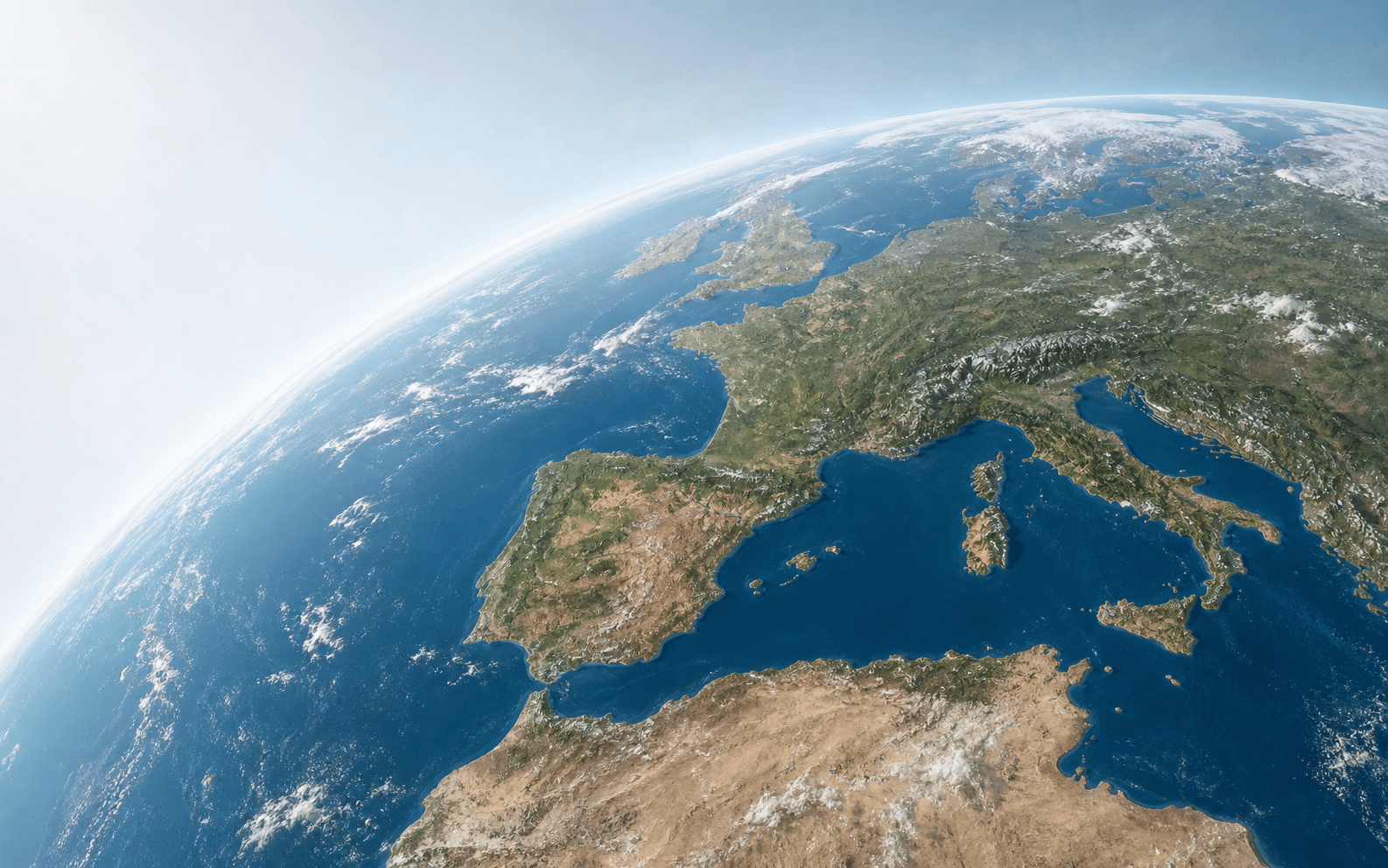 Western Europe seen from orbit, with the route from Paris to Barcelona marked.